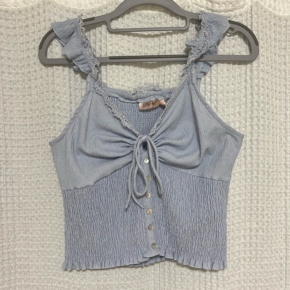 Willow + root blue tank top with lace and cut out!